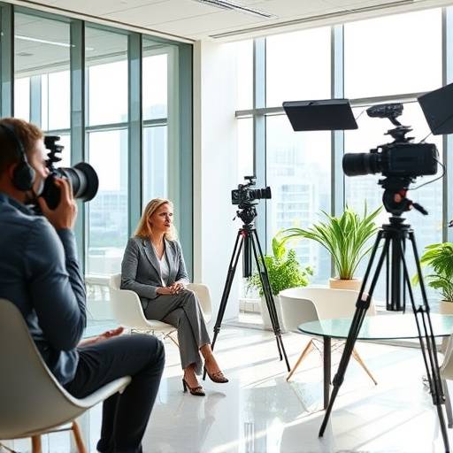 A team filming a corporate interview in a modern office setting.