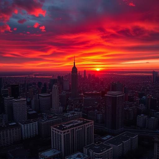 Stunning aerial footage of a cityscape at sunset.